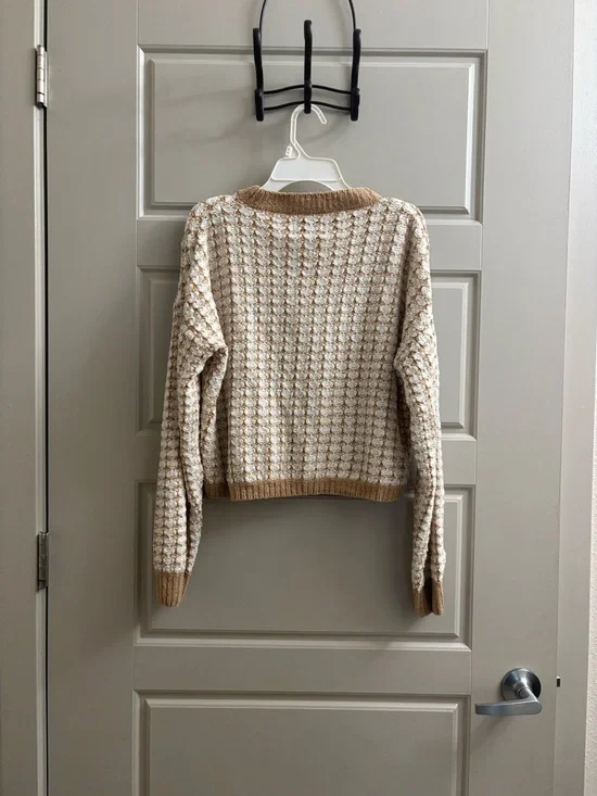 Pink Rose Cream and Tan Waffle-Knit Crewneck Sweater - Picture 2 of 3